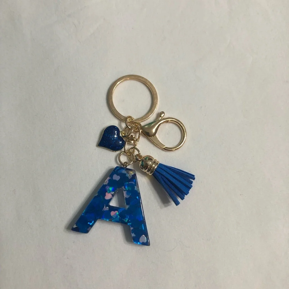Keychain A initial  Heart Tassel blue gold